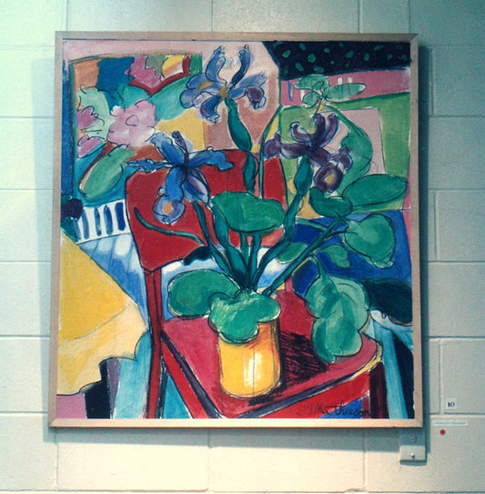 Irises in Yellow Pot on Red Chair. 1978. Image used for invitation. Private Collection Auckland