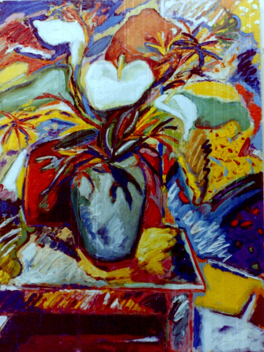 Arum Lilies in Green Jug   oil. 1977.  Private Collection