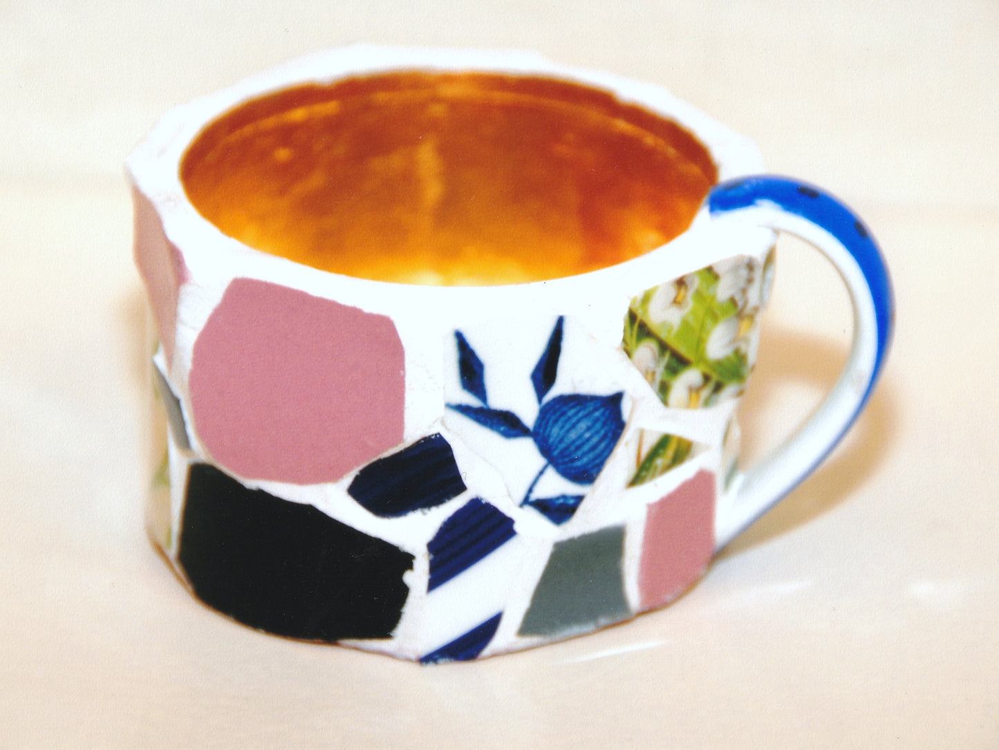 Mosaic Salmon Tin with gilded interior ,made into cup. Private Collection Christchurch