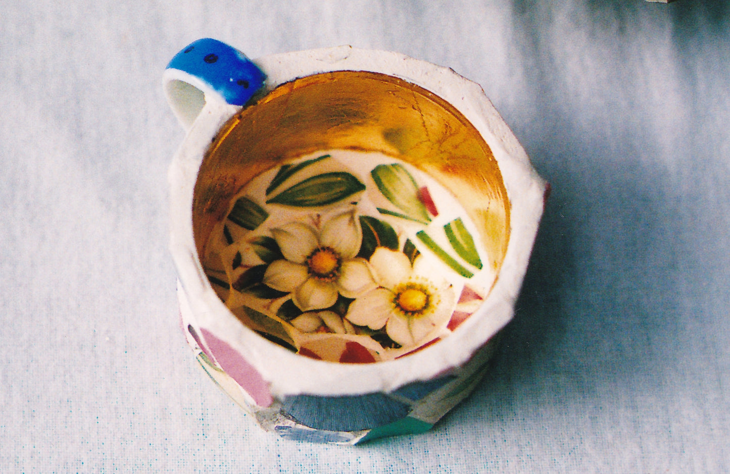 Mosaic Salmon Tin with gilded interior ,made into cup. Private Collection Christchurch