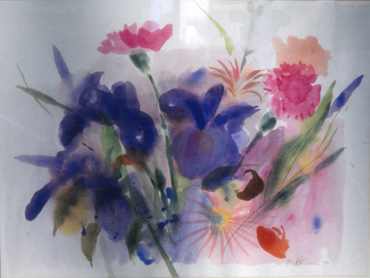 Carnations and Irises.  watercolour. 1992. Private collection